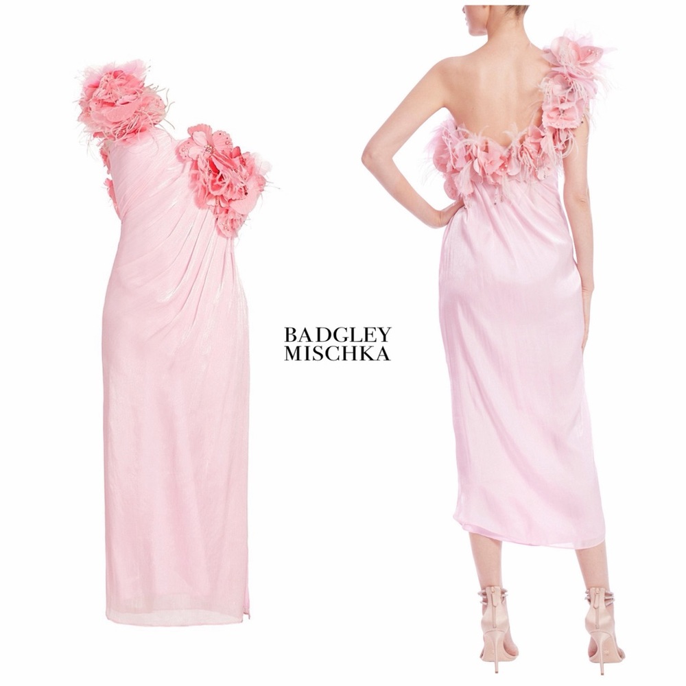 NWT - Badgley Mischka Chiffon One-Shoulder Feather Florals Cocktail Dress (16)